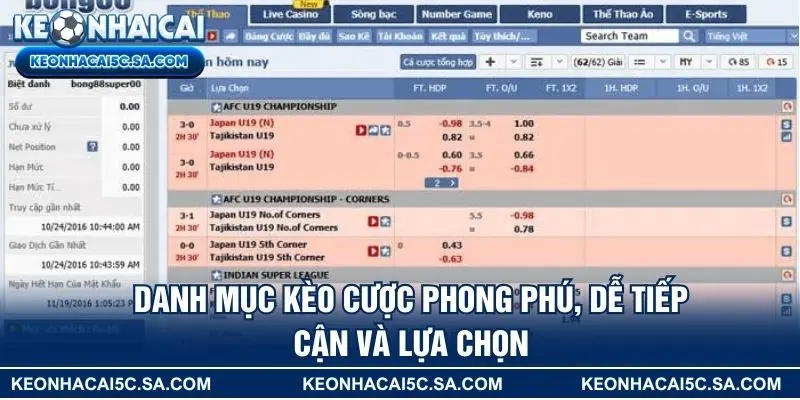 Danh mục kèo cược phong phú, dễ tiếp cận và lựa chọn